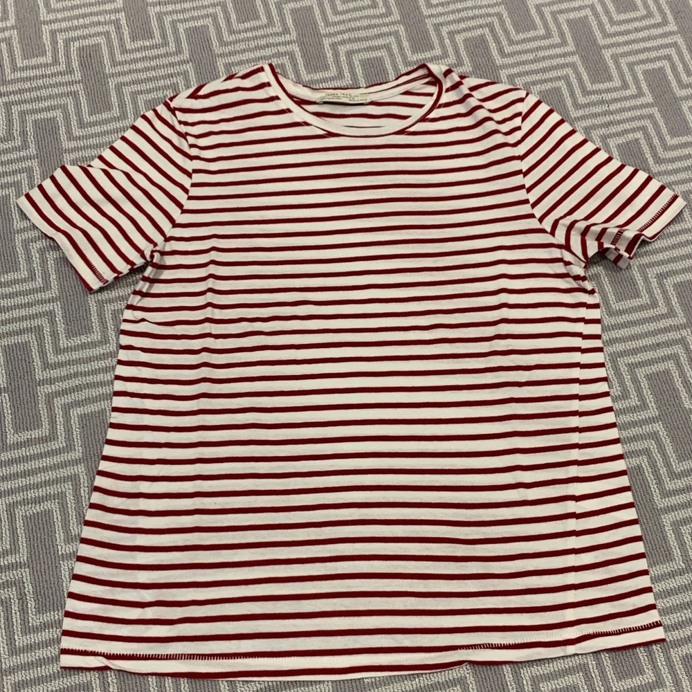 ZARA Red and White Striped Cotton TShirt